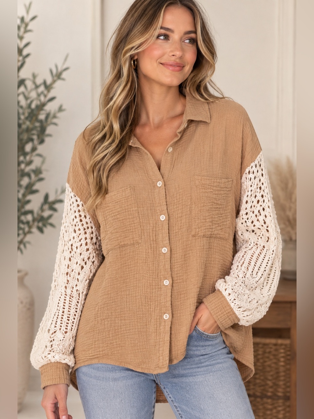 Women’s Tan Gauze Button Front Shirt Crochet Lace Sleeves Boho Casual Top